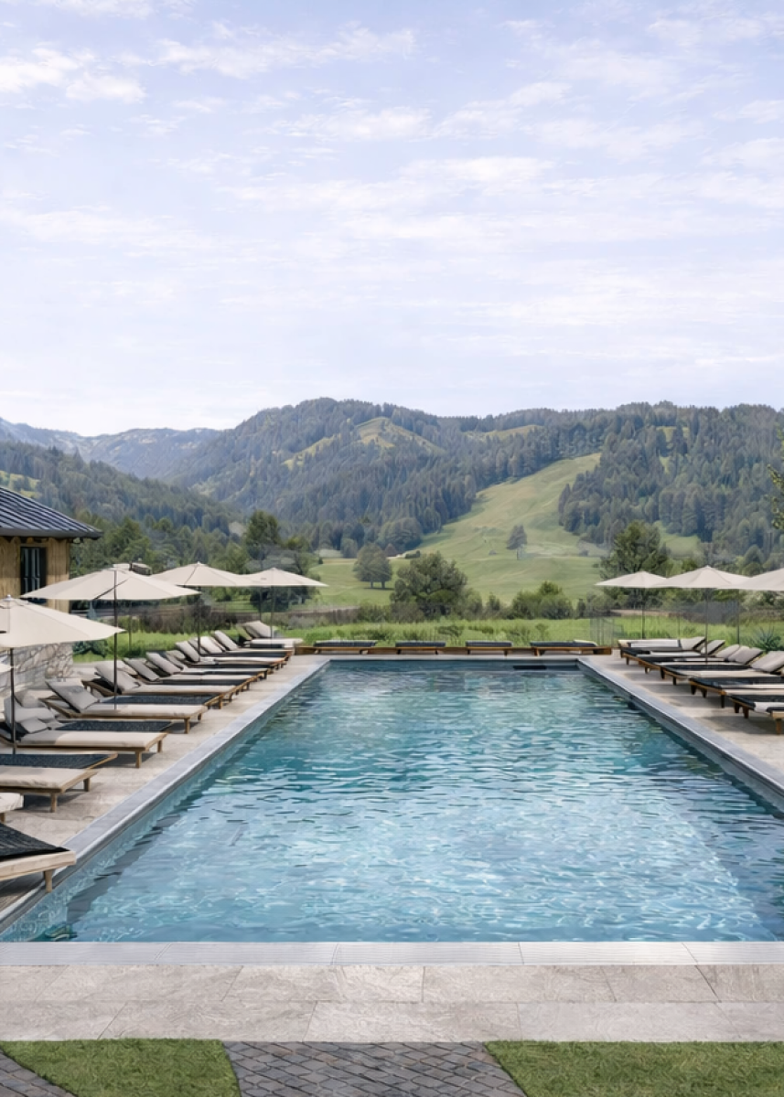 Neuer beheizter Au&szlig;enpool im Resl Resort - Rendering